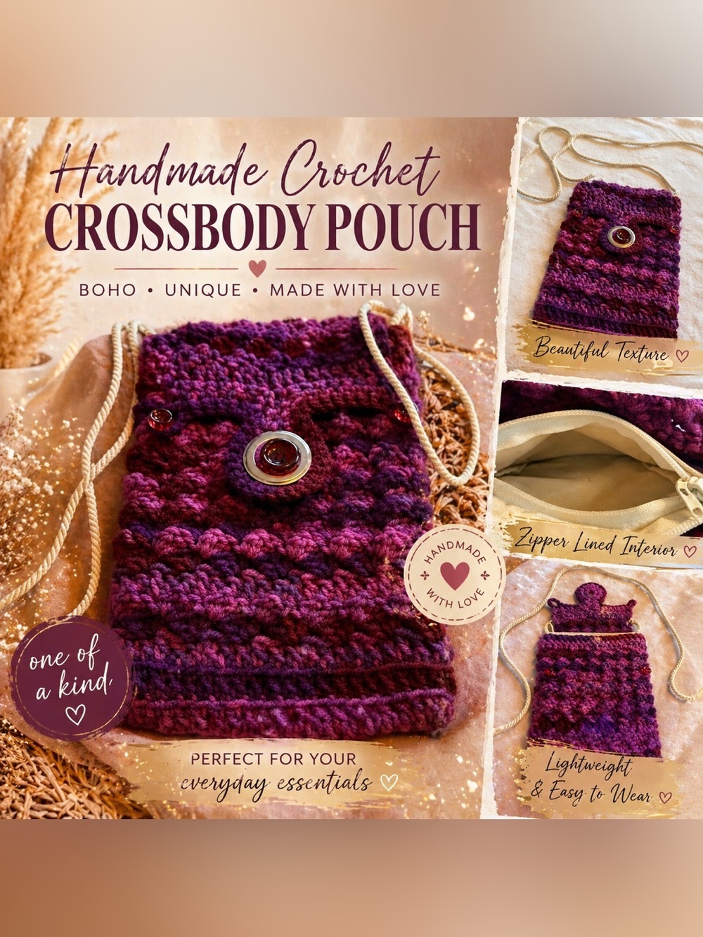 Handmade Crochet Crossbody Bag Purple Knit Shoulder Bag